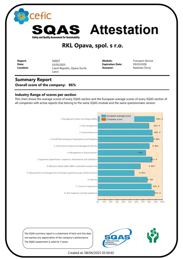 RKL Opava holds the prestigious SQAS certification